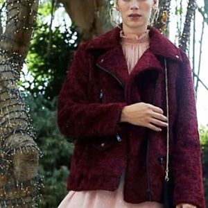 Burgundy Faux Fur Zip Biker Jacket
